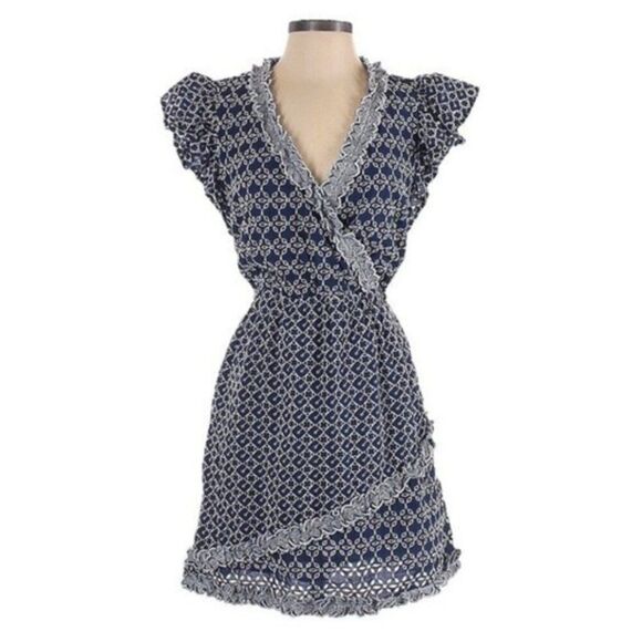 EXPRESS Printed Lace Trim Belted Wrap Dress in Navy Eyelet SZ XS - Picture 3 of 6